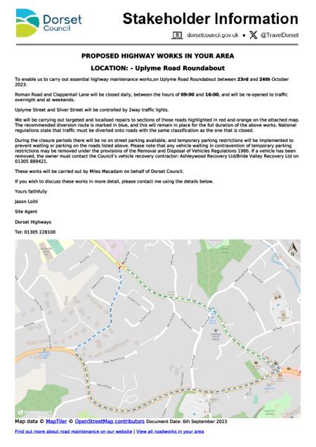 Temporary Traffic Regulation Order for Uplyme roundabout 