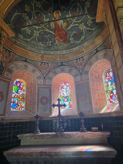 Mural and alter inside the cemetery chapel