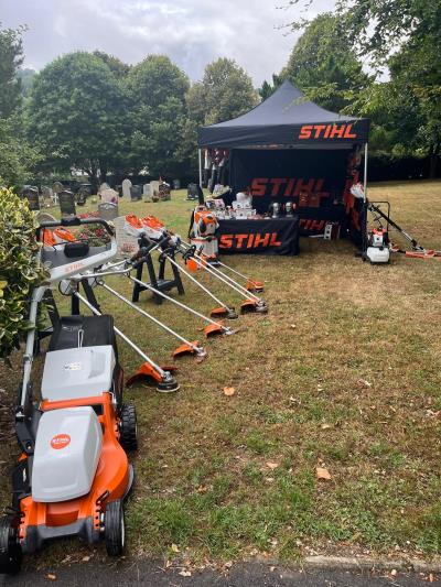 STIHL battery powered tool range on display in Lyme Regis Cemetery
