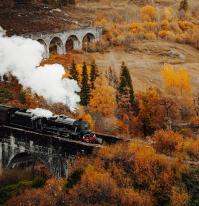 Steam train and viaduct with autumn trees