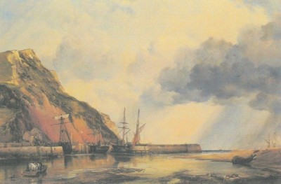 a photo of an old painting of axmouth harbour from 1861