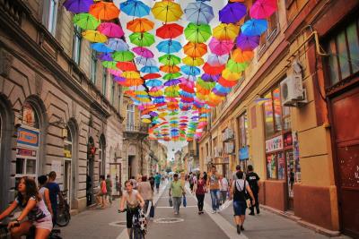 colourful umbrellas above a street to form a roof of umbrellas