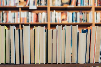 books on a bookshelf, facing with pages towards the viewer