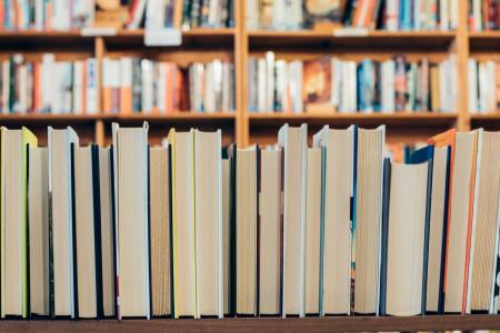 books on a bookshelf, facing with pages towards the viewer