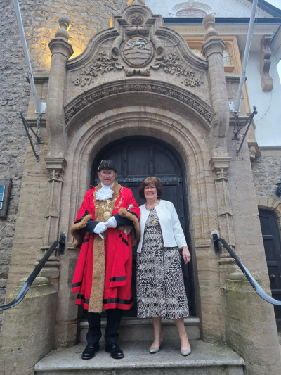 mayor Cllr Philip Evans with mayoress Jackie Evans on steps of Guildhall