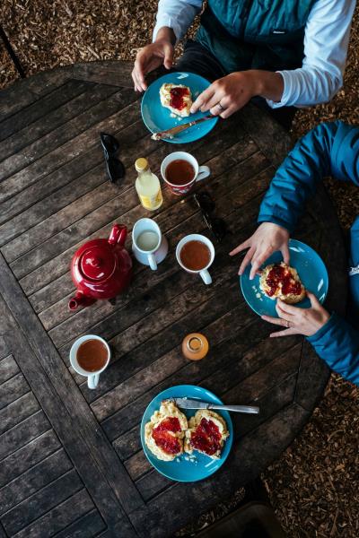 birds eye view of a cream tea on a picnic table