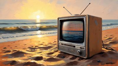an image of a vintage television on the beach with the sea in the background